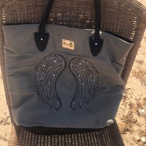 Miss Me Gray Wing Embroidered Tote Bag